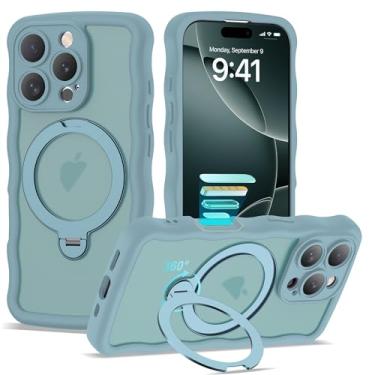 Imagem de BTBTCASE Capa compatível com iPhone 16 Pro com anel magnético rotativo de 360° e suporte invisível, compatível com Mag-Safe, linda capa protetora para celular com moldura ondulada ondulada translúcida