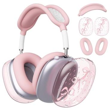 Imagem de BlHMCASE Capa de fone de ouvido para AirPods Max, linda faixa rosa com laço de flor, capa de silicone rosa para fones de ouvido para Apple AirPods Max