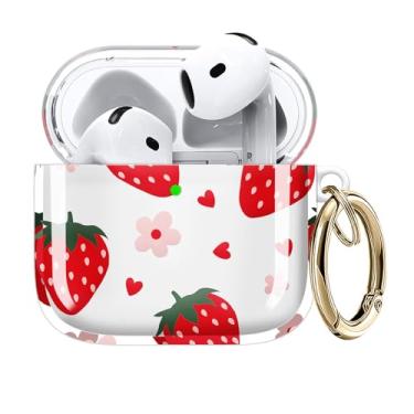 Imagem de Capa compatível com AirPods 4ª geração 2024, carregamento sem fio, à prova de choque, TPU macio, transparente, amarelamento reduzido para AirPods 4, capas com chaveiro dourado (coração de morango)