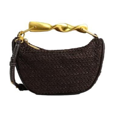 Imagem de Bolsa clutch feminina 2025 de palha para noite de verão com corrente cruzada cor dourada alça praia casamento, Café, 8.7 x 2.6 x 5.5 inches