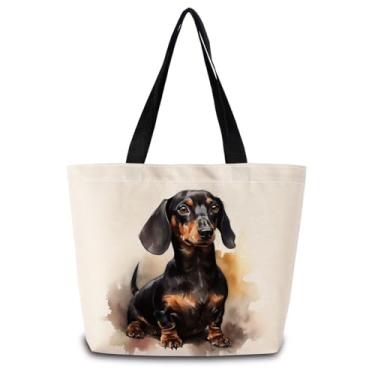 Imagem de ZhuVantrix Sacola de Dachshund Aquarela Reutilizável Bolsa de Ombro Estética para Compras com Bolso Interior com Zíper Leve e Lavável Elegante Presente para Mulheres