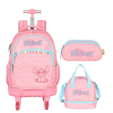 Imagem de Kit Mochila Stitch  Escolar Meninas Rodinhas 360 Estojo Lancheira Disney Luxcel