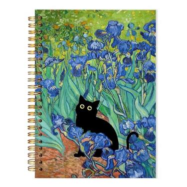 Imagem de LADOCK Caderno espiral de gato preto Van Gogh Iris, vintage engraçado gato azul, caderno de presentes para mães e senhoras, diário de íris de gatinho preto caprichoso, 14 x 21 cm