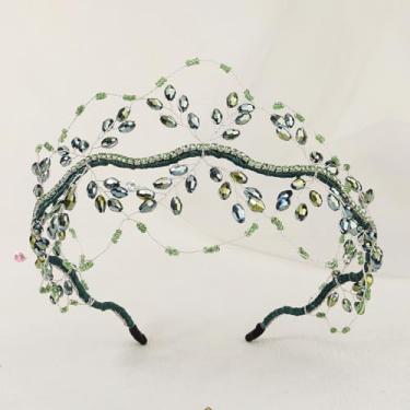Imagem de Toodoumama Tiara vintage feita à mão com contas de cristal, enfeite de cabeça com strass, motivo de folha, acessórios de cabelo femininos, perfeita para festas noturnas e ocasiões especiais (verde