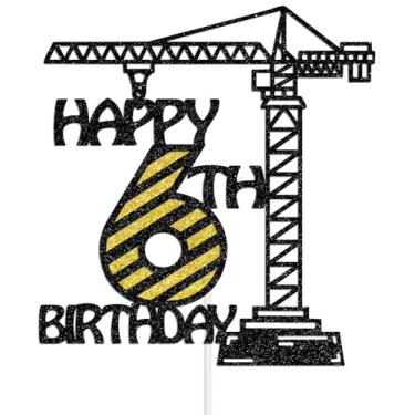 Imagem de Happy 6th Birthday Cake Topper, Construction Boy 6th Birthday Party Decorations, Dump Truck Party Decor for Kids, I’m 6 and Digging it Decoration Black Glitter