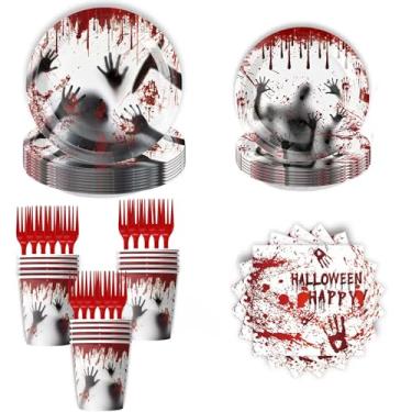 Imagem de Killer Birthday Decoration, Halloween Party Tableware Decorations Killer Plates Bloody Hand Print Napkins,cups,fork for Horror Themed Birthday Supplies Serves 20 Guests.