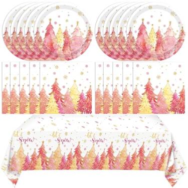 Imagem de 41 peças rosa - conjunto de talheres de Natal dourado - 20 pratos, 20 guardanapos e 1 toalha de mesa com padrão de árvore de Natal rosa para suprimentos de festa de Natal, inverno, serve 20