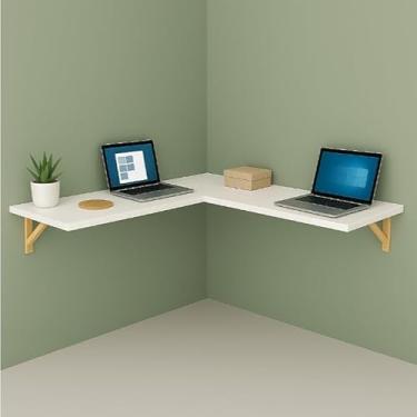 Imagem de Mesa em L Suspensa para Computador e Notebook - Estilo Industrial com Prateleira e Mão Francesa de Madeira Maciça, Ideal para Home Office e Gamer(Branco)