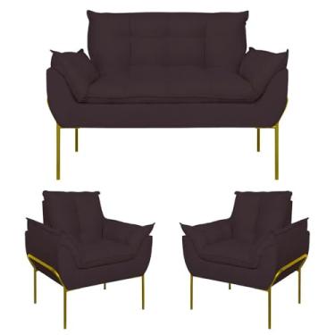 Imagem de Kit 2 Poltronas + Namoradeira Pé Metal Dourado Recepção Sala Cor:cinza