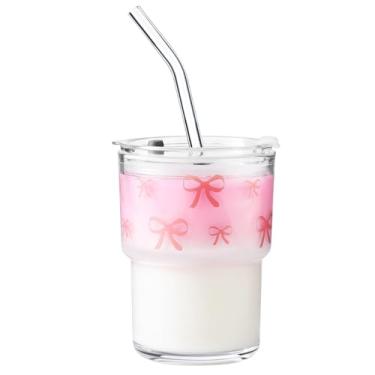 Imagem de Olvini Copo de vidro de 368 g com canudo e tampa, copo de café gelado reutilizável, copos de vidro fofos para água, matcha, canecas de café de viagem (pão - 368 g)