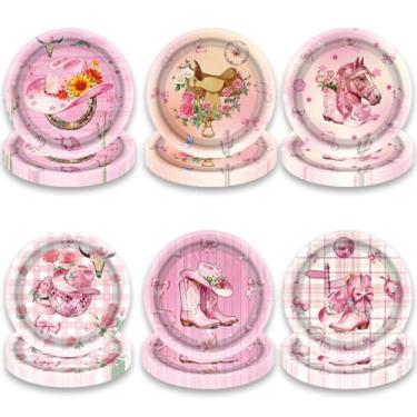 Imagem de OU RUI 60 peças de pratos de festa de vaqueira, decoração de festa de aniversário, 18 cm, pratos temáticos ocidentais rosa para meninas despedida de solteira anos 80, 90, discoteca, artigos de