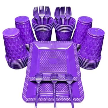 Imagem de Kit 260 Itens Descartaveis Festa Aniversário Prato Quadrado Diamante Plástico Colorido Perolado Candy Pastel (Roxo)