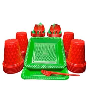 Imagem de Kit 260 Itens Descartaveis Festa Aniversário Prato Quadrado Diamante Plástico Colorido Perolado Candy Pastel (Natal)