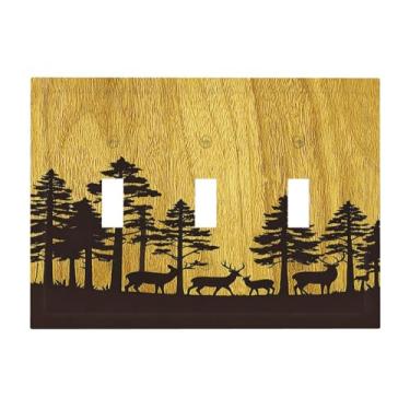 Imagem de Naiqadnehz Placa decorativa para interruptor de luz, floresta, veado, pinheiro, grão de madeira, placa de parede de 3 grupos, capa de tomada elétrica para quarto, decoração de casa
