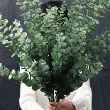 Imagem de 12 peças, caule de eucalipto artificial verde, plantas falsas, folhas de eucalipto, ramos, buquê de flores, decoração de Natal, 40 x 4 x 2 cm (branco gelo)
