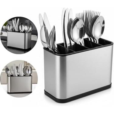 Imagem de Escorredor de Talheres Inox com 4 Divisórias – Suporte Organizador de Utensílios para Cozinha, Divisor Vertical para Facas, Colheres e Espátulas com Base Antirrespingo