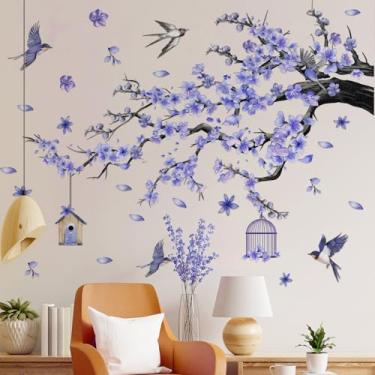 Imagem de Decalques de parede de flor de cerejeira, ramo de árvore floral roxo grande com gaiola de pássaros, adesivos de parede de vinil removíveis para sala de estar, quarto, decoração de casa