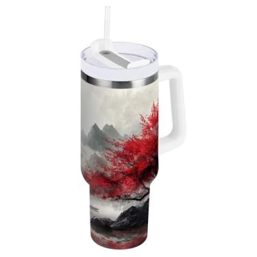 Imagem de STAYTOP Copo de pintura de tinta estilo chinês de 850 g com tampa e palha, copo isolado de aço inoxidável durável à prova de vazamento com alça, garrafas de água à prova de derramamento para viagens