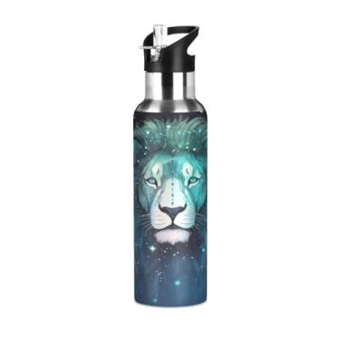 Imagem de Wassud Garrafa de água esportiva de aço inoxidável com canudo garrafas de água com isolamento de palha, copo portátil de leão estrelado, 946 ml