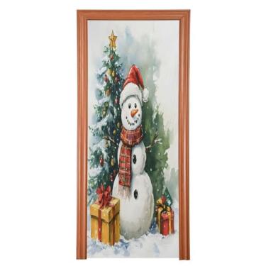 Imagem de Wassud Capa para porta de Natal, decoração de banner, 91 x 242 cm, grande, aquarela, boneco de neve, elástico, capa de porta interna para varanda e porta da frente