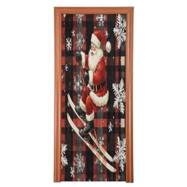 Imagem de Wassud Capa de porta de Natal para decoração de banner 99 x 199 cm grande Papai Noel nos esquis, capa elástica para porta interna para varanda e porta da frente