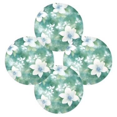 Imagem de Wassud Jogo americano conjunto de 4 tapetes de mesa redondos florais brancos e verdes para cozinha e jantar tapetes laváveis resistentes ao calor decoração de mesa 39 cm