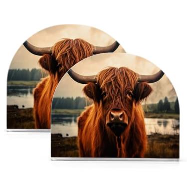 Imagem de Wassud Porta-guardanapos de acrílico de vaca marrom Highland, dispensador de guardanapos de papel moderno em forma de U para mesa, cozinha, sala de jantar, bancada 2 peças (comporta 50-60 guardanapos)