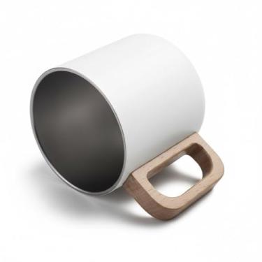 Imagem de Caneca Térmica 400ml Inox com Parede Dupla e Alça de Bambu – Branco