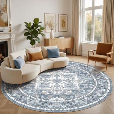 Imagem de Micgeek Tapete redondo de 3 m: lavável vintage neutro macio antiderrapante tapete grande para sala de estar quarto cozinha sala de jantar casa escritório fazenda interior - azul