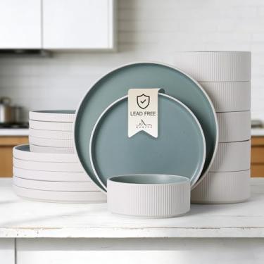 Imagem de MONITO Conjuntos de louça de cerâmica para 4, conjuntos de pratos e tigelas de grés, conjunto de pratos de esmalte reativo, duplo resistente a lascas e arranhões, seguro para micro-ondas e lava-louças