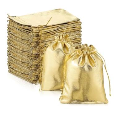 Imagem de 10 peças de sacos de presente com cordão de folha dourada - bolsas de joias de ouro, ideais para casamento, aniversário, lembrancinhas de festa de Natal, presentes de doces e chocolate (7 x 9 cm - 10