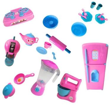 Imagem de Kit Cozinha Brinquedo Fogão Panelinha Geladeira Liquidificador Batedei