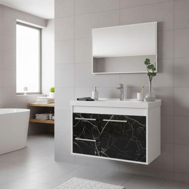 Imagem de Kit Armário para Banheiro 60cm MDF com Cuba + Espelheira - Potenza Preto
