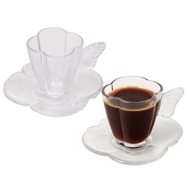 Imagem de Jogo 2 Xícara De Café De Vidro Com Pires Butterfly Borboleta 80ml Wolff