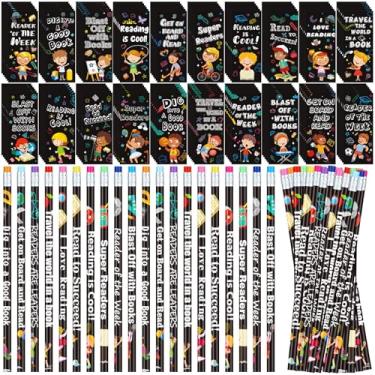Imagem de TecUnite 240 peças de marcadores de livro para amantes de livros, lápis a granel para crianças, lembrancinhas, presentes para leitor de biblioteca, livros, 120 canetas, leitura de estudantes, presente