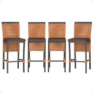 Imagem de 4 Banqueta Em Alumínio Roma Preta Corda Náutica Tecido 9 Terra Cota