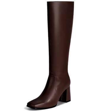 Imagem de Vipost Botas femininas de cano alto com bico quadrado de 8,5 cm, salto grosso, com zíper lateral, bota longa para outono e inverno 2025, Café, 7 Wide