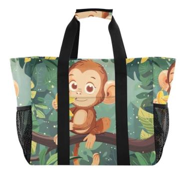 Imagem de ODAWA Sacolas de compras de verão estéticas para mamãe - Bolsa de praia durável impermeável à prova de areia, macaco fofo, folhas verdes, Lindas folhas verdes de macaco, One Size