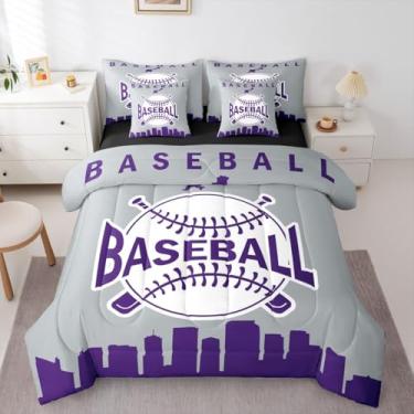 Imagem de Conjunto de edredom queen de beisebol com 7 peças, temática de beisebol, para meninos, esportes, silhueta de cidade americana, para quarto de crianças, adolescentes e adultos, cinza, roxo (colorado)
