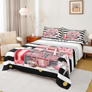 Imagem de Erosebridal Jogo de cama solteiro preto e rosa, moderno, preto, branco, feminino, floral, perfume, listrado, salto alto, revistas, livros
