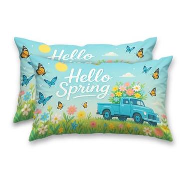 Imagem de HOMETITUTE Hello Spring Conjunto de 2 fronhas decorativas de cetim 30,5 x 50,8 cm, arte floral, para sofá, sala de estar, fazenda, decorações de férias