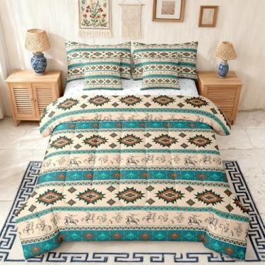 Imagem de Feelyou Conjunto de edredom queen caubói ocidental com estampa asteca do sudoeste, 7 peças, design de equitação, cama em saco, rancho, casa de fazenda, decoração de quarto de teel trigo