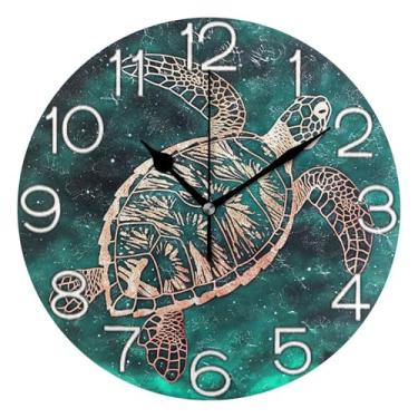 Imagem de Relógio de parede analógico decorativo redondo sem tique-taque silencioso quarto cozinha, decoração de parede de meados do século sala de estar, tartaruga dourada verde oceano, 25 cm, ponteiros pretos