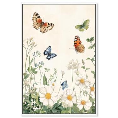 Imagem de Decoração de parede floral com impressão em tela Meadow Dance of Wings por Art Remedy, moldura branca, 25 x 38 cm