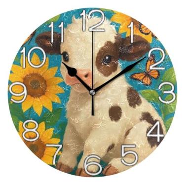 Imagem de Relógio de parede analógico decorativo quarto cozinha relógio estético silencioso sem tique-taque, decoração de parede vintage, sala de estar, vaca fofa brilhante vívida, 25 cm, ponteiros pretos