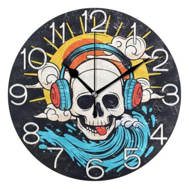 Imagem de Relógio de parede engraçado com caveira arco-íris preto analógico decorativo relógio de cozinha bonito operado por bateria, decoração de parede retrô moderna art déco, 25 cm, ponteiros pretos