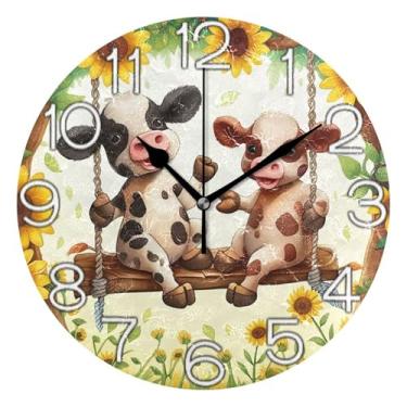 Imagem de GAIGEO Relógio de parede analógico decorativo sala de aula relógio de escritório redondo sem tique-taque silencioso, arte de parede moderna legal decoração de casa vacas fofas desenho animado colorido