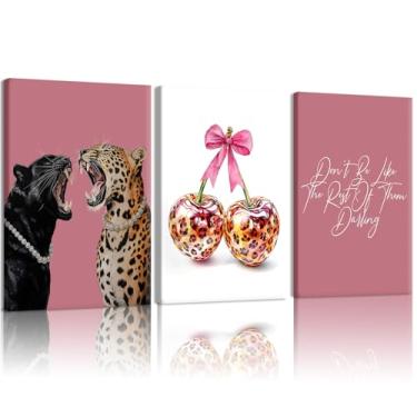 Imagem de 3 peças de arte de parede em tela de leopardo rosa moda impressão de leopardo decoração de parede bonito arco de cereja impressões divertidas estilo preppy imagens estéticas pinturas decoração de