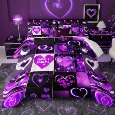 Imagem de QOOMO Jogo de cama solteiro com estampa de corações de desenho animado, roxo, para decoração de quarto de meninos, meninas e adolescentes, macio e leve para todas as estações, 1 edredom e 2 fronhas