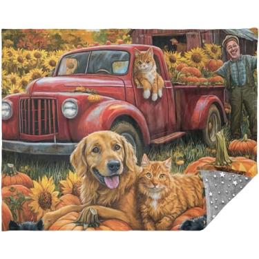 Imagem de TSENQUE Cobertores personalizados A Red Truck is Parked in Pumpkin Throw Blankets 177.8 cm x 139.7 cm Mantas de sofá ao ar livre para sofás cobertor decorativo difuso